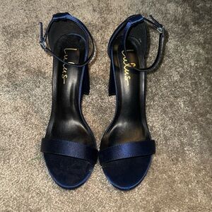Lulu's Navy Satin Ankle-Strap Block Heels